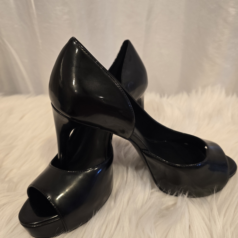 Nine West Glossy Black Peep-Toe Heels